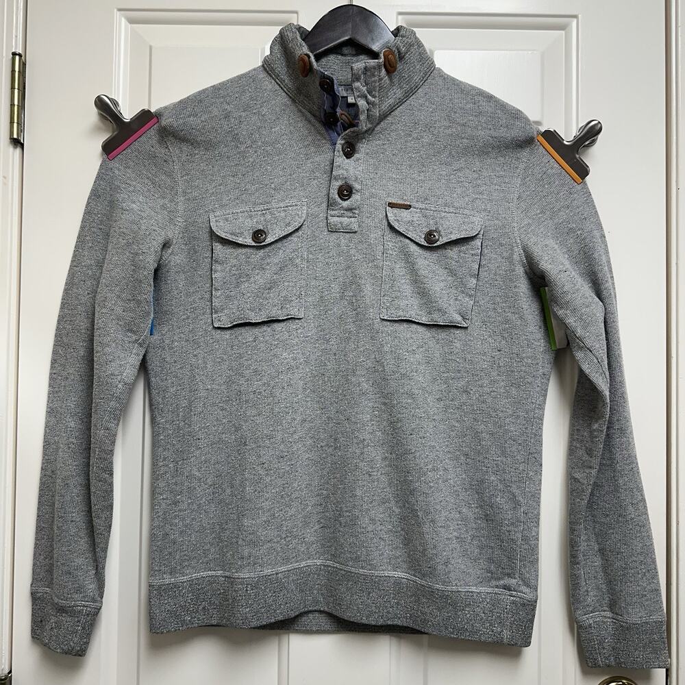 Ted Baker Sample London Pullover Sweater 1/4 Button Leather Grey Norm Gorp M/L